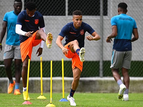Ecuador's Byron Castillo takes part in a training session at the Casa de la Seleccion (House of the National Team) complex in Quito on Tuesday.