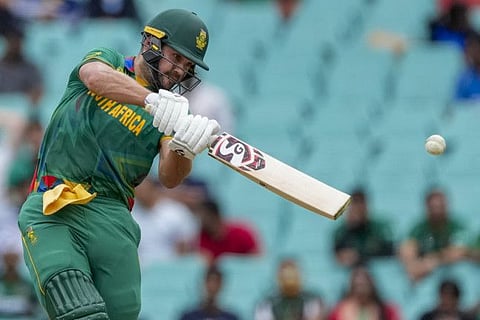 South Africa's Rilee Rossouw hits one of his eight sixes during the T20 World Cup match against Bangladesh in Sydney on Thursday.