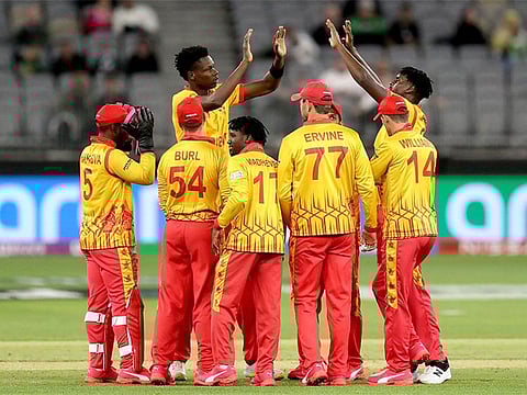 Zimbabwe players celebrate Pakistan opener's wicket during the Group 2 clash at Perth.