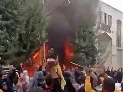This image grab from a UGC video released on October 27, 2022, shows a fire at the office of the Governor of Mahabad, West Azerbaijan province of Iran.