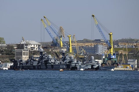Russian Black Sea fleet ships are anchored in one of the bays of Sevastopol, Crimea.