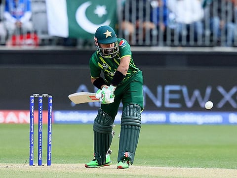 Pakistan's Mohammad Rizwan plays a straight drive against the Netherlands at the Perth Stadium on Sunday.