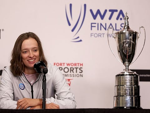 Iga Swiatek of Poland fields questions from the media at a press conference prior to the 2022 WTA Finals at Dickies Arena in Fort Worth, Texas, on Saturday.