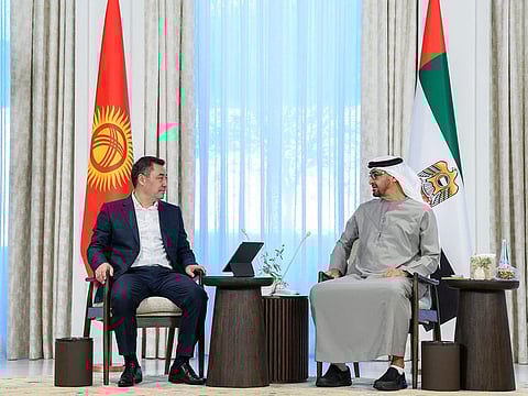 President His Highness Sheikh Mohamed bin Zayed Al Nahyan with Sadyr Japarov, President of the Kyrgyz Republic