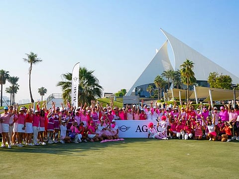 The golfing group for the recent Pink Day at Dubai Creek Golf & Yacht Club prior to teeing off.