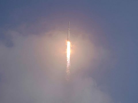 A SpaceX Falcon Heavy rocket lifts off from pad 39A at the Kennedy Space Center in Cape Canaveral, Florida