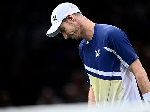 Britain's Andy Murray reacts during the men's singles match against France's Gilles Simon on day one of the ATP World Tour Masters 1000 - Paris Masters (Paris Bercy) - indoor tennis tournament at The AccorHotels Arena in Paris.