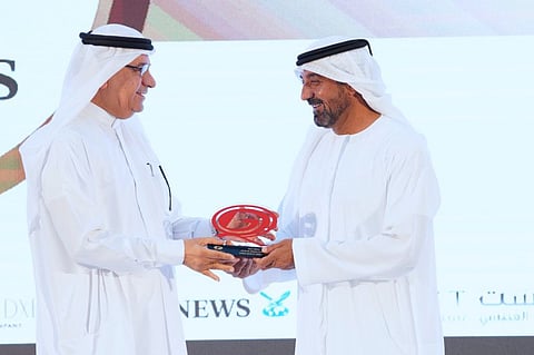 Sheikh Ahmed bin Saeed Al Maktoum, Chairman of Dubai Civil Aviation Authority and Chairman and CEO of Emirates Airline and Group, honours Abdul Hamid Ahmad, CEO and Editor-in-Chief of Gulf News as the official media partner of Dubai Quality Group, at the Dubai Quality Group Awards ceremony in Dubai on Wednesday.