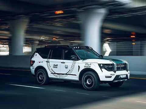Dubai Police's purpose-built police car, the first of its kind in the world, launched at a previous World Police Summit Exhibition in Dubai, UAE.