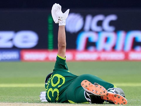 Pakistan's Fakhar Zaman falls over during the Twenty20 World Cup match against Netherlands at the Perth Stadium on Sunday.