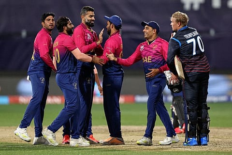 UAE players celebrate their win during the ICC men's Twenty20 World Cup 2022 match against Namibia at Kardinia Park in Geelong on October 20, 2022.