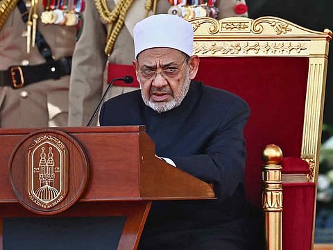 Grand Imam of Al Azhar mosque Sheikh Ahmed Al-Tayeb delivers his speech during the closing session of the "Bahrain Forum for Dialogue: East and west for Human Coexistence", at the Al Fida square at the Sakhir Royal palace, Bahrain, on Friday, November 4, 2022.