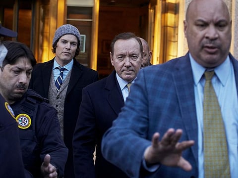 American actor Kevin Spacey, center, leaves the Daniel Patrick Moynihan Court House on Oct. 20, 2022, in New York.