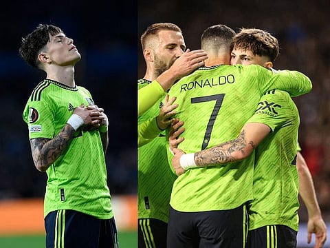 Manchester United's Alejandro Garnacho celebrate after scoring the only goal of the night at the Reale Arena after just 17 minutes to surpass George Best as United's youngest ever non-English scorer in Europe at 18.