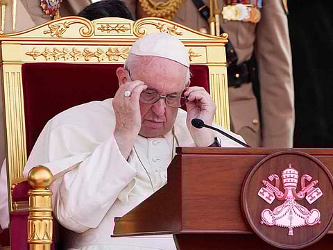 Pope Francis attends the closing session of the "Bahrain Forum for Dialogue: East and west for Human Coexistence", at the Al Fida square at the Sakhir Royal palace, in Bahrain, on Friday, November 4, 2022.