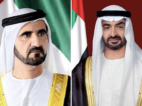 President His Highness Sheikh Mohamed bin Zayed Al Nahyan (right) and His Highness Sheikh Mohammed bin Rashid Al Maktoum, Vice-President and Prime Minister of the UAE and Ruler of Dubai.