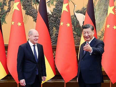 Chinese President Xi Jinping meets with German Chancellor Olaf Scholz at the Great Hall of the People in Beijing on Friday, Nov. 4, 2022.