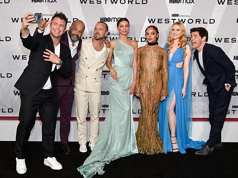 Luke Hemsworth, left, Jeffrey Wright, Aaron Paul, Angela Sarafyan, Tessa Thompson, Evan Rachel Wood and James Marsden attend the premiere of HBO's "Westworld" Season 4 at Alice Tully Hall on Tuesday, June 21, 2022.