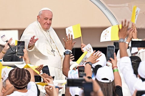 Pope Francis arrives to celebrate mass at Bahrain National Stadium in Riffa, near the capital Manama, on November 5, 2022.