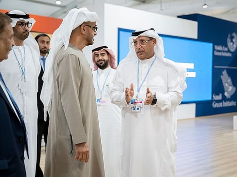 UAE President His Highness Sheikh Mohamed bin Zayed Al Nahyan, visits the Saudi Arabia Pavilion at COP27 climate conference in the Sharm El-Sheikh International Convention Center.