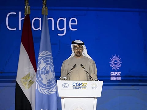 UAE President His Highness Sheikh Mohamed bin Zayed Al Nahyan delivers a speech at the 27th session of the Conference of the Parties to the United Nations Framework Convention on Climate Change (COP27) in Sharm Al Sheikh, Egypt.