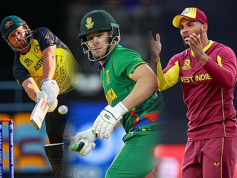 From left: Aaron Finch of Australia, David Miller of South Africa and Brandon King of the West Indies. These three cricket heavyweight teams are missing from the semifinals of the T20 World Cup 2022.