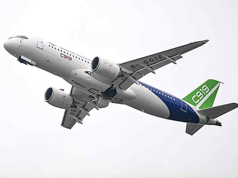A Commercial Aircraft Corp of China (COMAC) C919 aircraft, China's first domestically produced large passenger jet.
