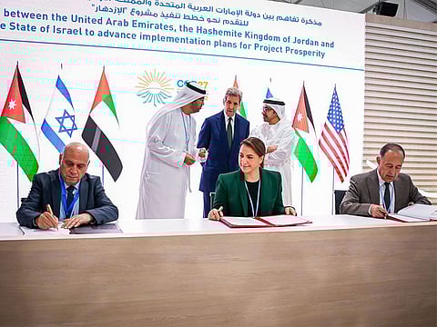 The agreement was signed by Mariam bint Mohammed Almheiri, Minister of Climate Change and the Environment; Mohammad Al Najjar, Jordan’s Minister of Water and Irrigation, and Esawi Frej, Israel’s Minister of Regional Cooperation.