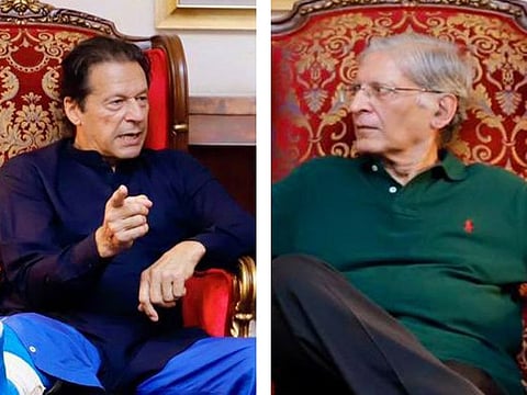 PPP leader Aitzaz Ahsan during a recent meeting with Imran Khan at his Zaman Park residence.