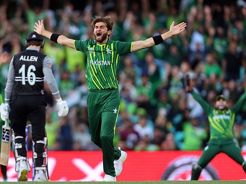 Pakistan's Shaheen Shah Afridi (centre) celebrates after dismissing New Zealand opener Finn Allen during the semi-finals on Wednesday.