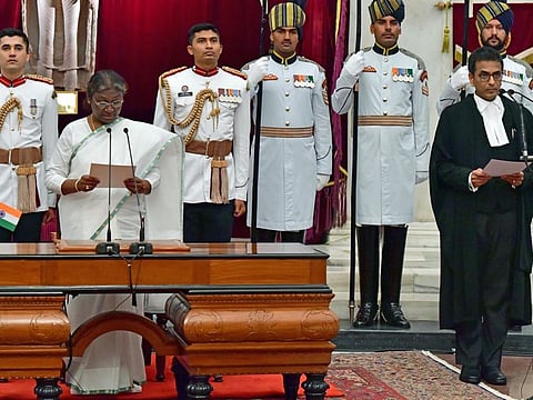 President Droupadi Murmu administers the oath to Justice Dhananjaya Y Chandrachud as the 50th Chief Justice of India (CJI), at Rashtrapati Bhavan, in New Delhi on Wednesday.