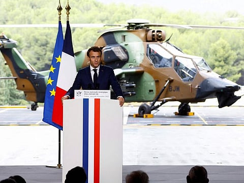 France's President Emmanuel Macron delivers a speech on defence strategy to present the La Revue nationale strategique (RNS), a new military programming law (2024-2030), on the amphibious helicopter carrier Dixmude docked in the French Navy base of Toulon, Southern France on November 9, 2022.