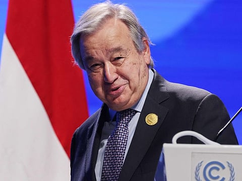 Gutteres delivers a speech at an event launch for the climate TRACE initiative.