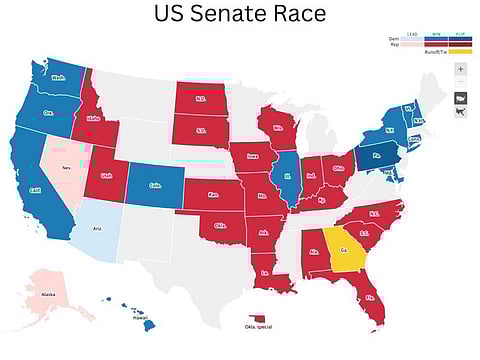 This is how the electoral map of US Senate looks like on November 9, 2022 (23.02 GMT, Wednesday). As Arizona, Nevada election officials are counting ballots under high security, a runoff election in Georgia may decide fate of US Senate — again.