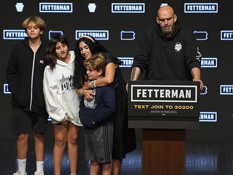 Democratic Senate candidate John Fetterman speaks to supporters with his family during an election night party at StageAE on November 9, 2022 in Pittsburgh, Pennsylvania. Fetterman defeated Republican Senate candidate Dr. Mehmet Oz.