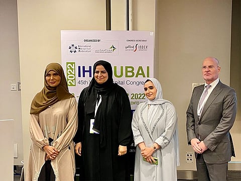From left : Aysha Ali Al Mahri, Dr Sumaya Mohammed AlBlooshi, Maryam Al Blooshi, and Michael Davis after the session ‘Nursing staff: our heroes - how do we support them?’ at the 45th IHF World Health Congress in Dubai on Wednesday.