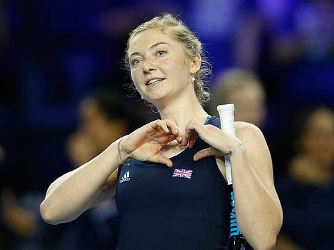 Britain's Alicia Barnett celebrates winning her doubles match in the group stage with Olivia Nicholls against Spain's Aliona Bolsova Zadoinov and Rebeka Masarova.