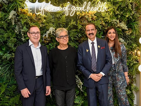 (from left) Dr. Frank Lipman, Dr. Deepak Chopra, Dr. Azad Moopen and Alisha Moopen at the launch of Wellth, UAE’s first hub of integrative medicine in Dubai on Friday. Photo: Virendra Saklani/Gulf News