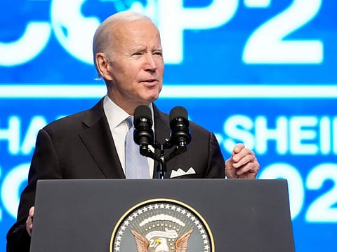 President Joe Biden speaks at the COP27 U.N. Climate Summit, on Nov. 11, 2022, at Sharm Al Sheikh.