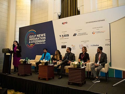 Abhishek Mahajan, Director of Fly High Abroad, Satakshi Singh, CEO, Annaka Group, Lovedeep Singh, Partner at Ace Luxury Immigration Services Solutions, Hind Mamlouk, Immigration lawyer from Taqween Consultancy and Umar Yousuf Immigration Analyst from IMM Consultants at a panel discussion at GNICE