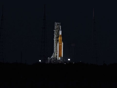 The Artemis 1 moon rocket and the Orion spacecraft sit poised on Launch Pad 39B.