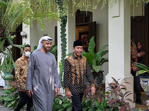 UAE President His Highness Sheikh Mohamed bin Zayed Al Nahyan with President Joko Widodo of Indonesia at his residence on Monday.