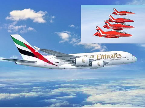 On Thursday, an Emirates A380 and six Red Arrow aircraft will fly in a synchronised formation, starting at Jumeirah Golf Estates, then continuing along the Sheikh Zayed Road skyline and near the iconic Burj Khalifa.