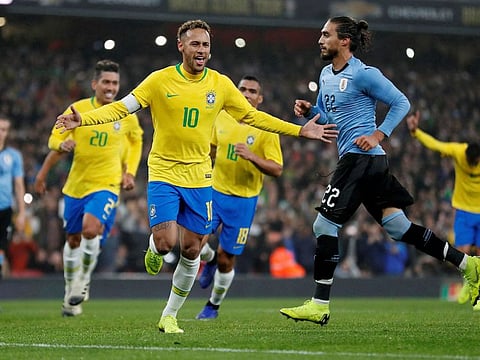 Neymar celebrates scoring Brazil’s first goal from the penalty spot against Uruguay during an international friendly at the Emirates Stadium, London, on November 16, 2018. This will be Neymar’s third World Cup and his best chance to scale the podium.