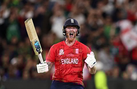 England's Ben Stokes celebrates after hitting the winning runs during the Twenty20 World Cup final against Pakistan.