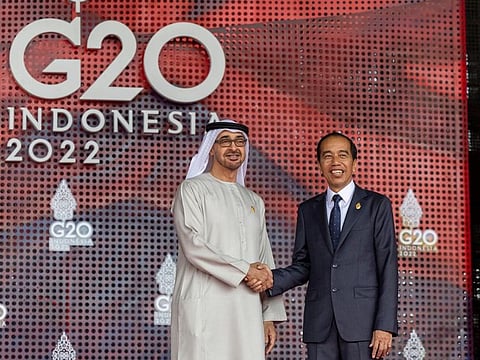 UAE President His Highness Sheikh Mohamed bin Zayed Al Nahyan with President Widodo of Indonesia at the G20 Summit in Bali, Indonesia