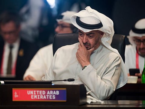 Sheikh Mohamed bin Zayed Al Nahyan attends a working session on energy and food security during the G20 Summit in Nusa Dua, Bali, on November 15, 2022.