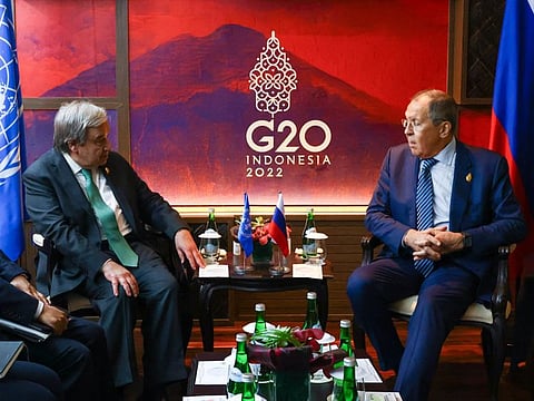 Russian Foreign Minister Sergei Lavrov and Secretary-General of the United Nations Antonio Guterres meet on the sidelines of the G20 summit in Bali, Indonesia, November 15, 2022.