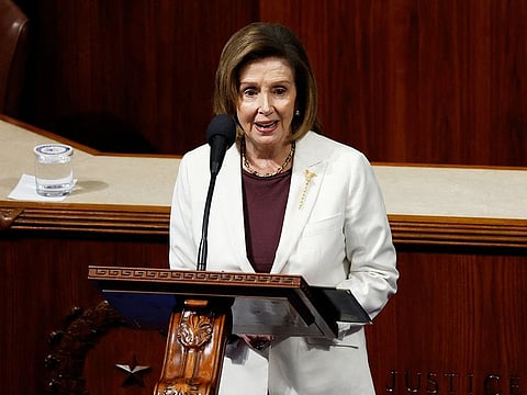 US Speaker of the House Nancy Pelosi delivers remarks from the House Chambers of the US Capitol Building on November 17, 2022 in Washington, DC.