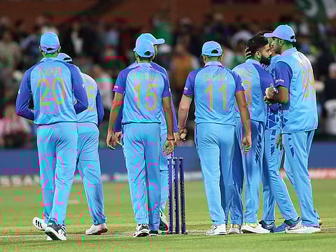 Indian players walk back to the pavilion after the Semi-Final match of T20 World Cup 2022 against England, at Adelaide Oval, in Adelaide on November 10. 2022.